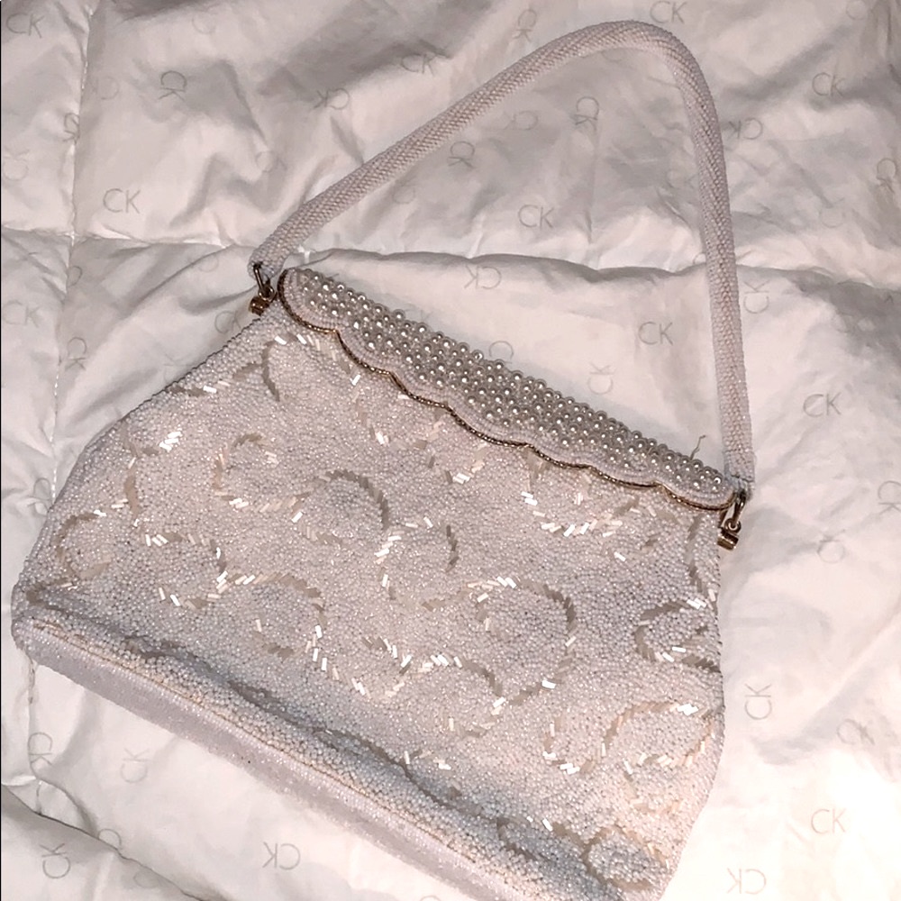 White Vintage Hand Beaded Seed Pearl Evening Bag